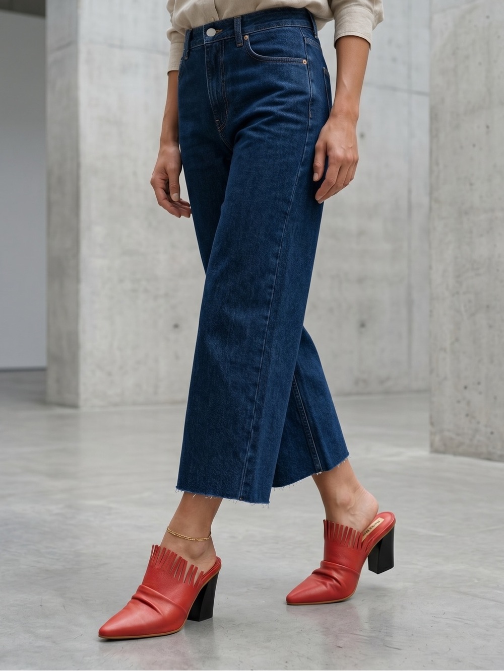 Reike Nen Red Leather Fringe Heeled Mules Slip-on Shoes Pointed Toe Women's 7 37 - Picture 2 of 12